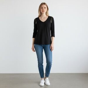 Belle by Kim Gravel Black‎ Top Minimalist V Neck Zipper Detail Casual Edgy XXS